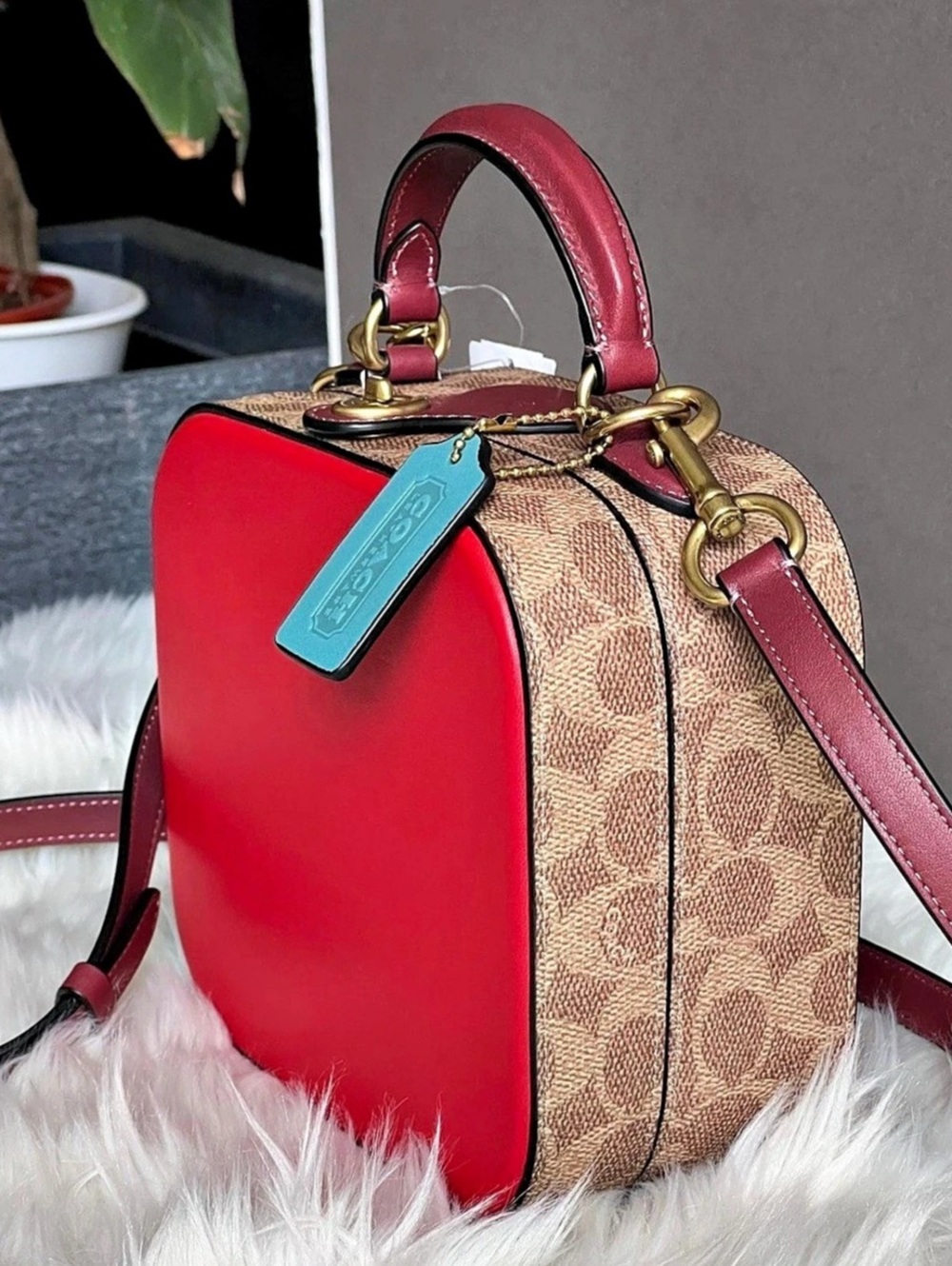 Coach lunar new year square purse in Signature jacquard Red & Brown